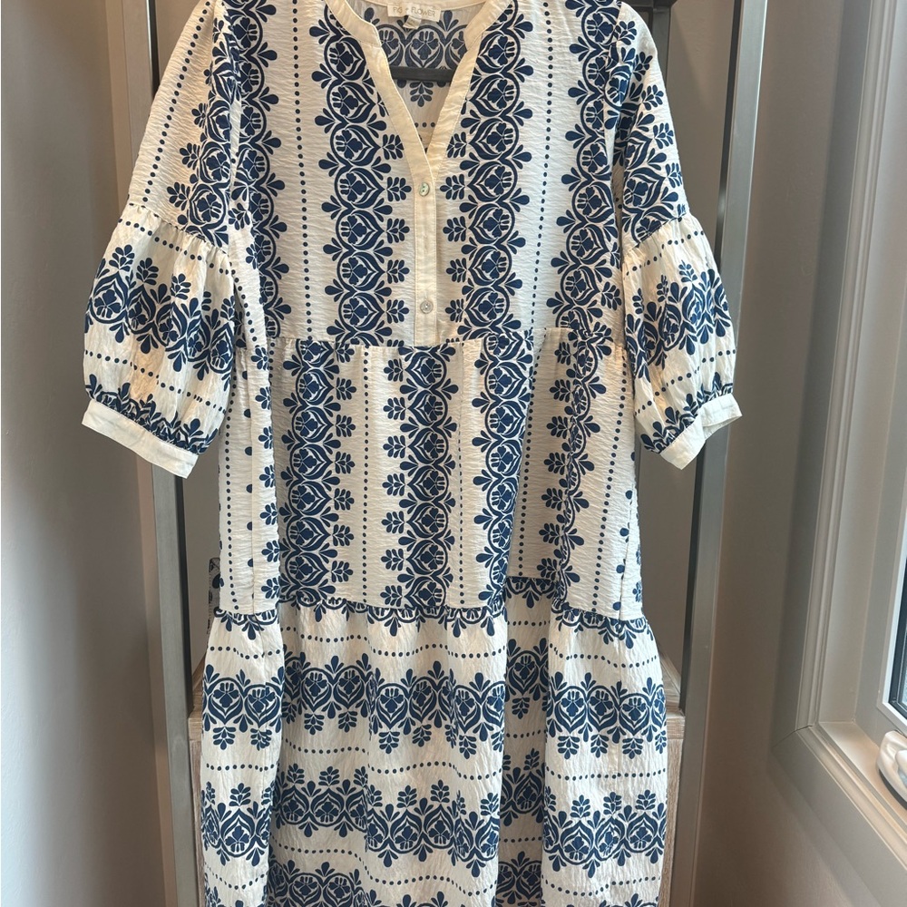 Anthropologie Blue and White Patterned Maxi Dress